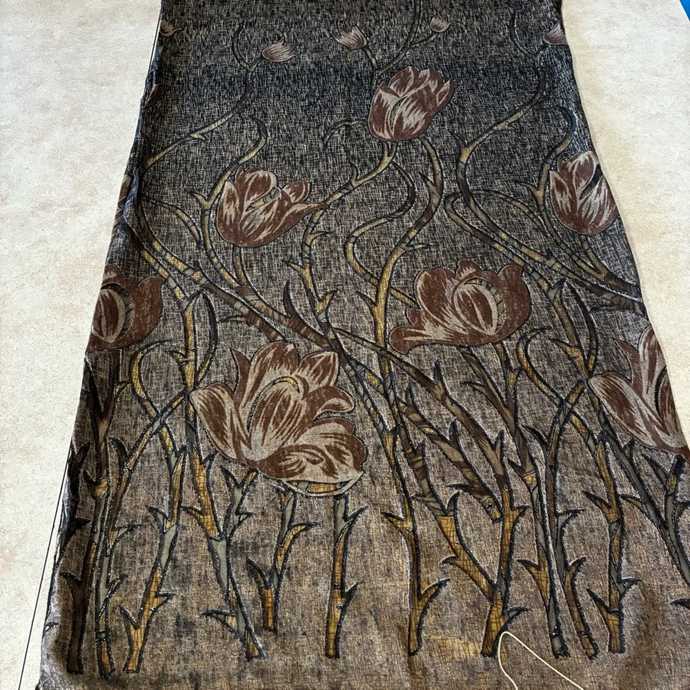 Black & Golden Brown Floral Pattern With Silver Glitter Scarf With Fringe - Picture 6 of 11